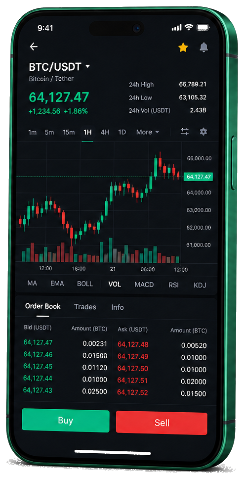 Bohemium AI mobilní obchodní platforma — živý graf BTC/USDT, kniha objednávek a rozhraní nákupu/prodeje